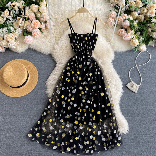 Daisy Flower Print Mesh Party Dress Summer Two Layers