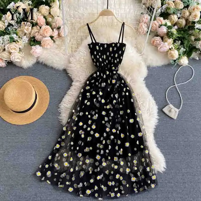 Daisy Flower Print Mesh Party Dress Summer Two Layers