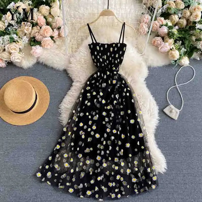 Daisy Flower Print Mesh Party Dress Summer Two Layers