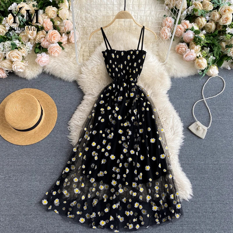 Daisy Flower Print Mesh Party Dress Summer Two Layers