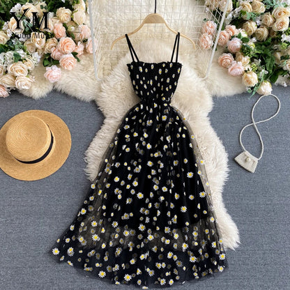 Daisy Flower Print Mesh Party Dress Summer Two Layers