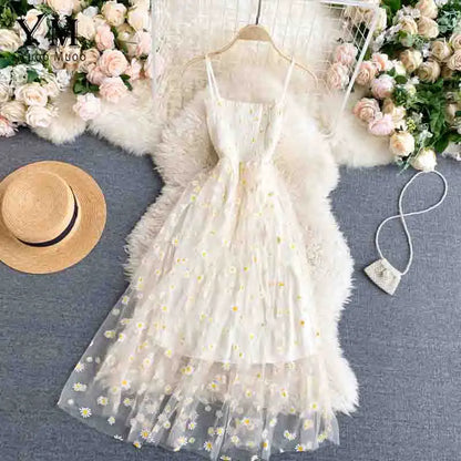 Daisy Flower Print Mesh Party Dress Summer Two Layers