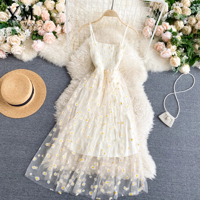 Daisy Flower Print Mesh Party Dress Summer Two Layers
