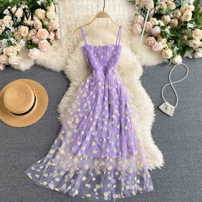 Daisy Flower Print Mesh Party Dress Summer Two Layers