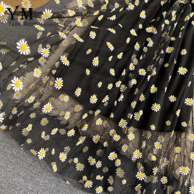 Daisy Flower Print Mesh Party Dress Summer Two Layers
