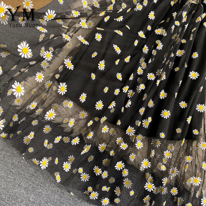 Daisy Flower Print Mesh Party Dress Summer Two Layers