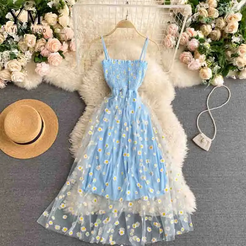 Daisy Flower Print Mesh Party Dress Summer Two Layers