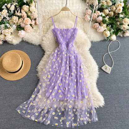 Daisy Flower Print Mesh Party Dress Summer Two Layers