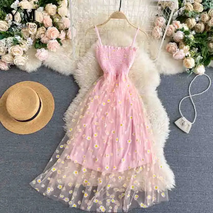 Daisy Flower Print Mesh Party Dress Summer Two Layers