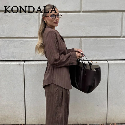 Elegant Brown Sashes Loose Single Breasted Blazers Chic Wide Leg Pant Set