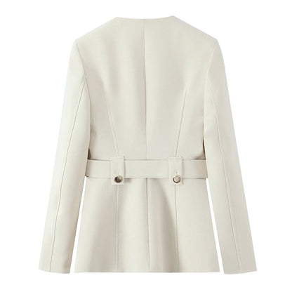 Beige Pants Set O-Neck Blazer  Tailored Jacket