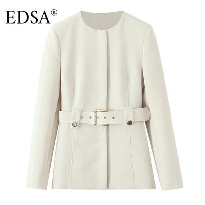 Beige Pants Set O-Neck Blazer  Tailored Jacket