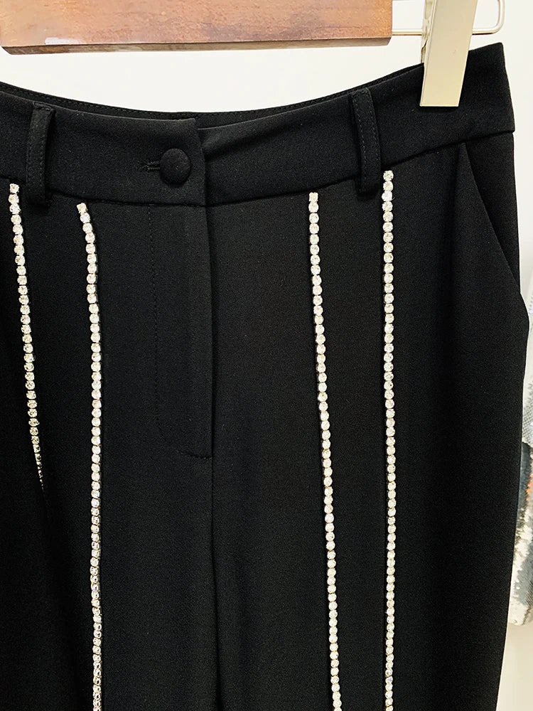 Single Button Hollow Out Diamonds Beaded Lapel Blazer Flare Pants Set