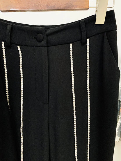 Single Button Hollow Out Diamonds Beaded Lapel Blazer Flare Pants Set