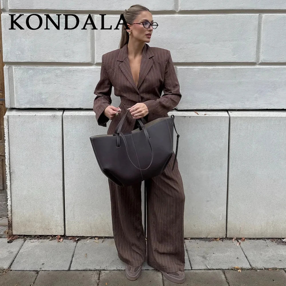 Elegant Brown Sashes Loose Single Breasted Blazers Chic Wide Leg Pant Set