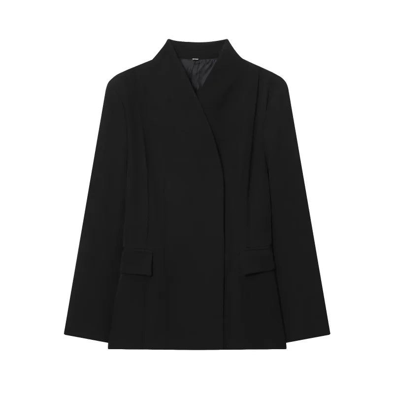 Three-dimensional cut high collar slim suit jacket & matching casual trousers
