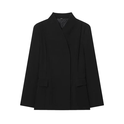 Three-dimensional cut high collar slim suit jacket & matching casual trousers