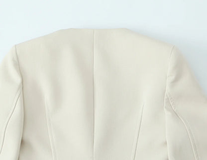 Beige Pants Set O-Neck Blazer  Tailored Jacket