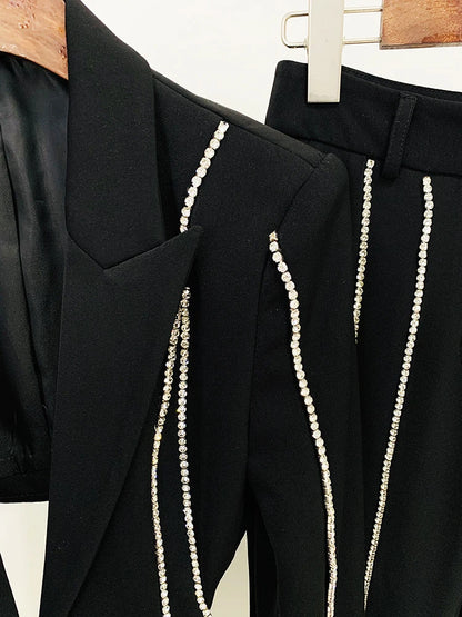 Single Button Hollow Out Diamonds Beaded Lapel Blazer Flare Pants Set