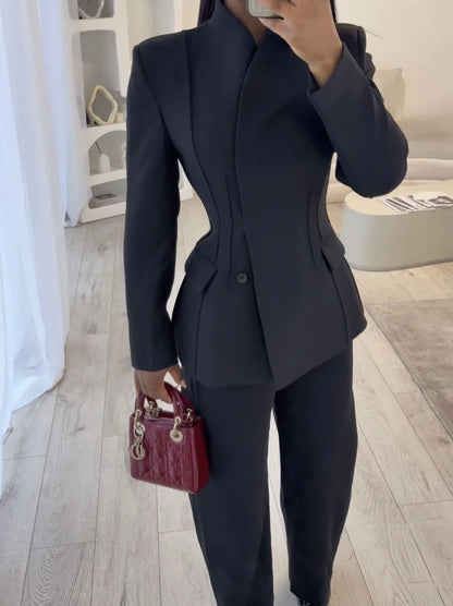 Three-dimensional cut high collar slim suit jacket & matching casual trousers