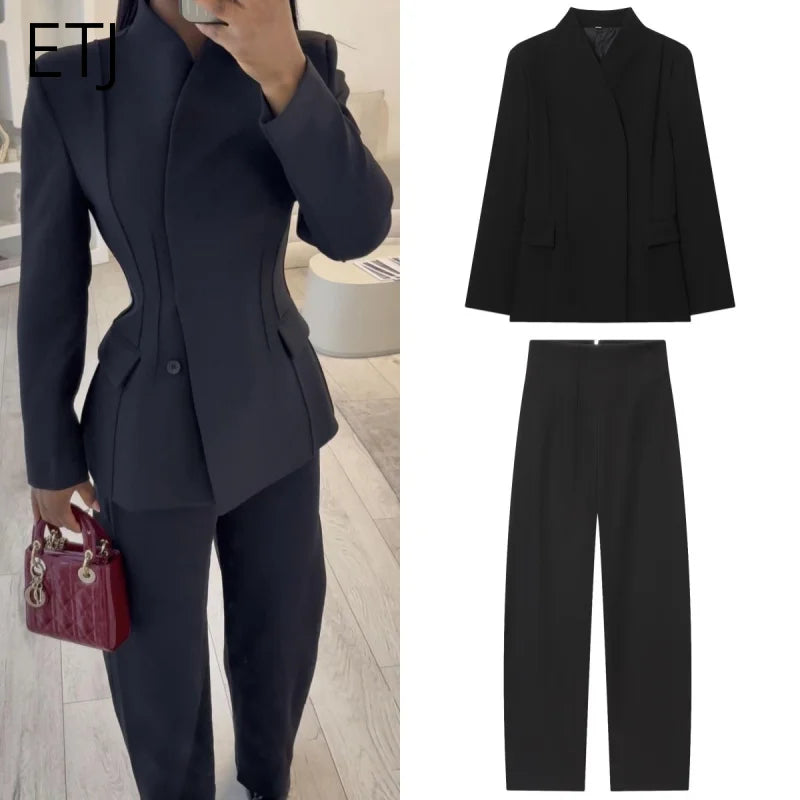 Three-dimensional cut high collar slim suit jacket & matching casual trousers