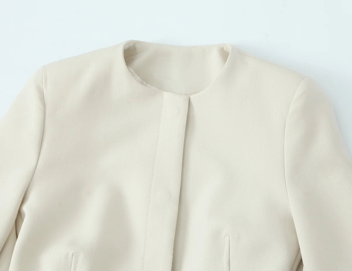 Beige Pants Set O-Neck Blazer  Tailored Jacket