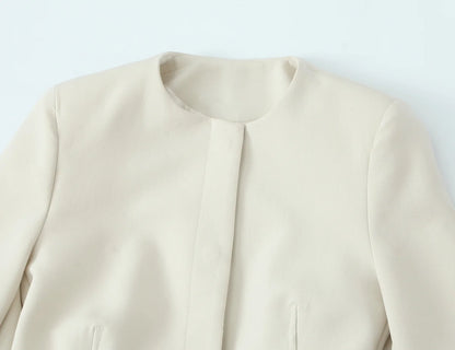 Beige Pants Set O-Neck Blazer  Tailored Jacket