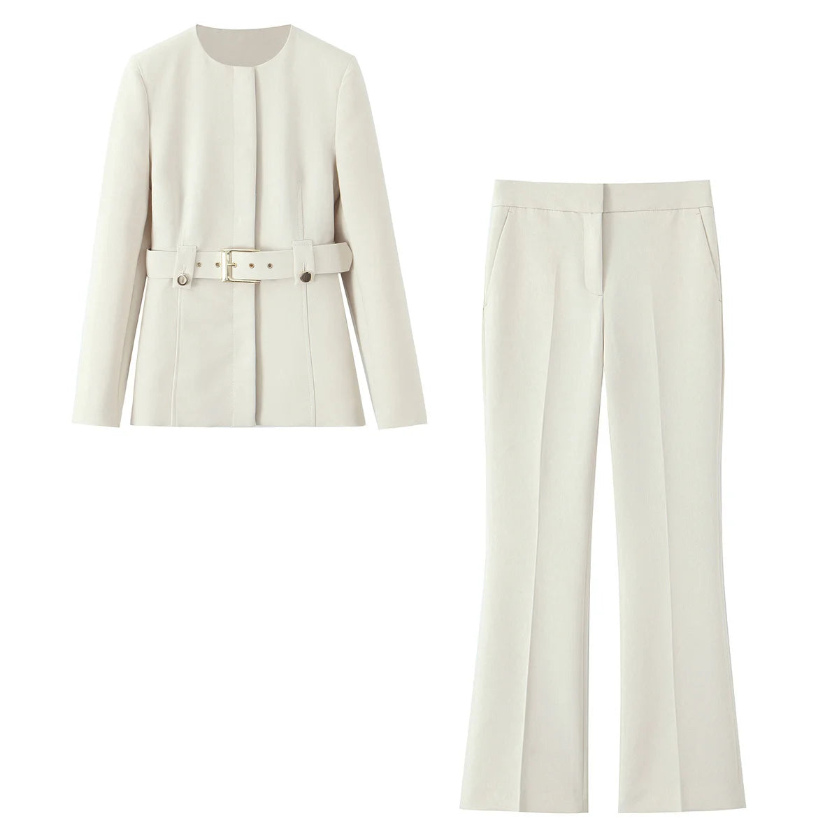 Beige Pants Set O-Neck Blazer  Tailored Jacket