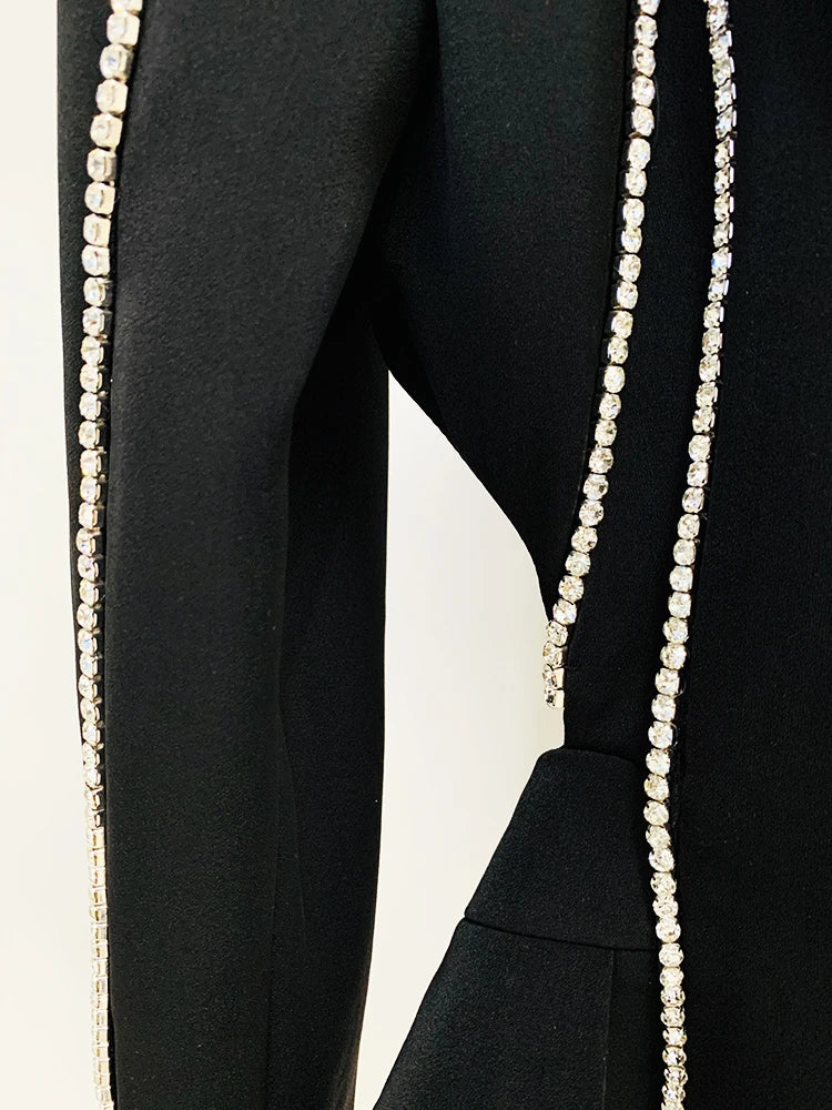 Single Button Hollow Out Diamonds Beaded Lapel Blazer Flare Pants Set