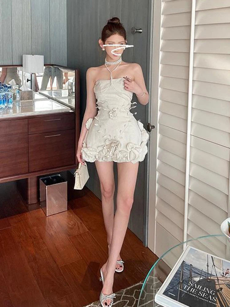 Light Luxury 3D Flowers Wrapped Chest Dress