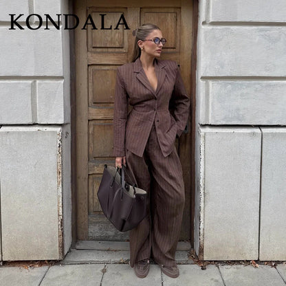 Elegant Brown Sashes Loose Single Breasted Blazers Chic Wide Leg Pant Set