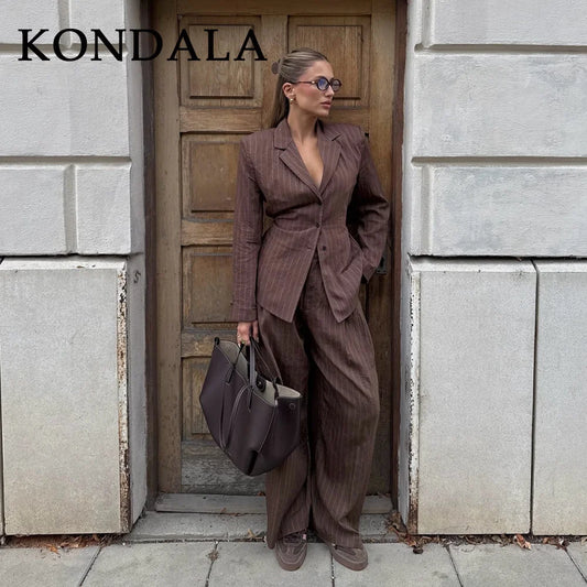 Elegant Brown Sashes Loose Single Breasted Blazers Chic Wide Leg Pant Set