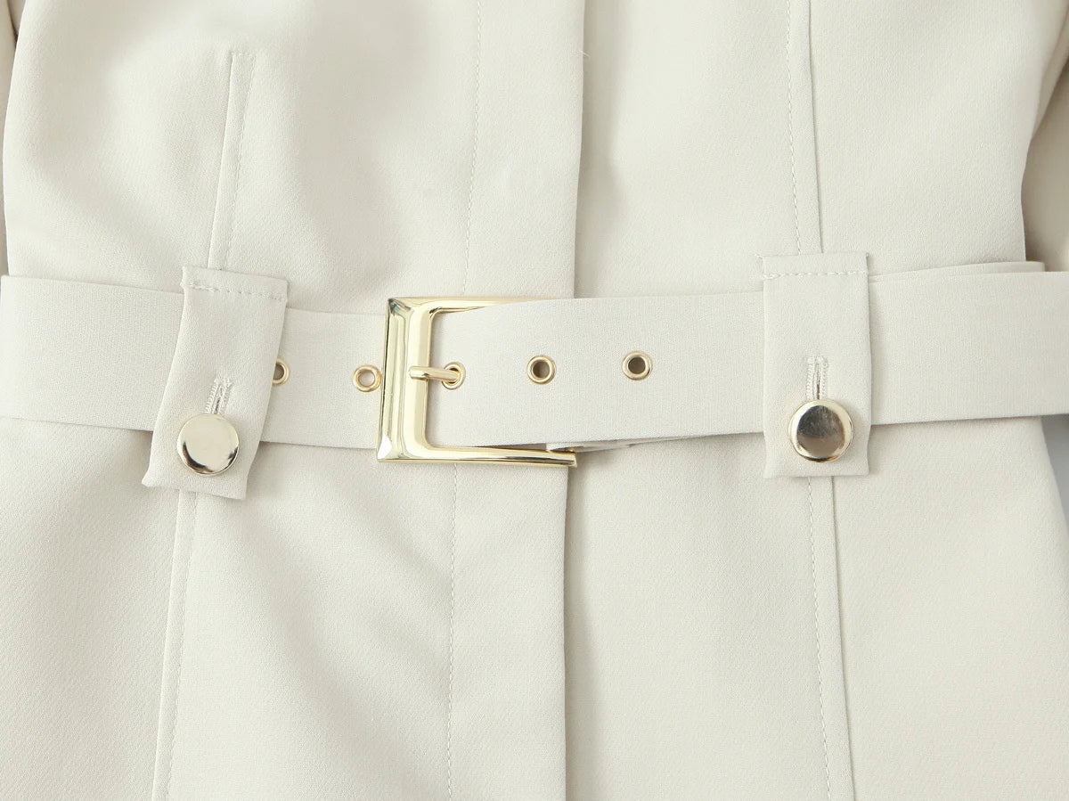 Beige Pants Set O-Neck Blazer  Tailored Jacket