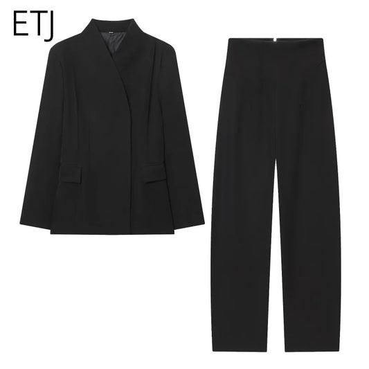 Three-dimensional cut high collar slim suit jacket & matching casual trousers