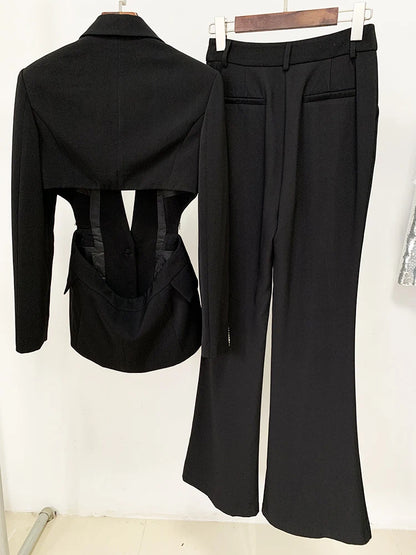 Single Button Hollow Out Diamonds Beaded Lapel Blazer Flare Pants Set