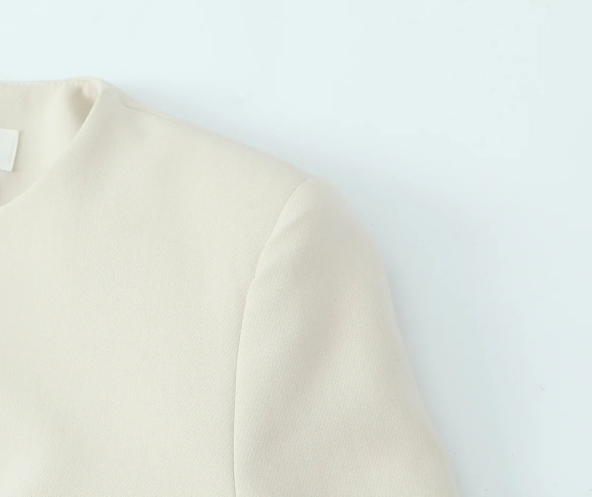 Beige Pants Set O-Neck Blazer  Tailored Jacket