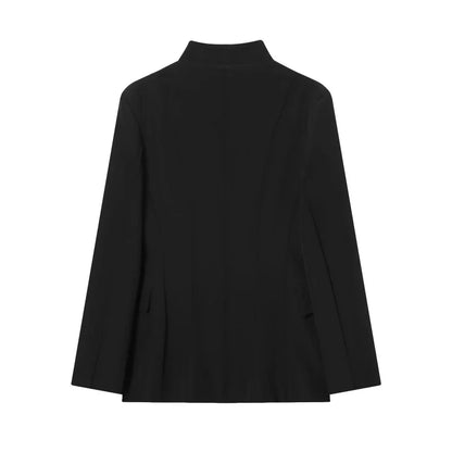 Three-dimensional cut high collar slim suit jacket & matching casual trousers