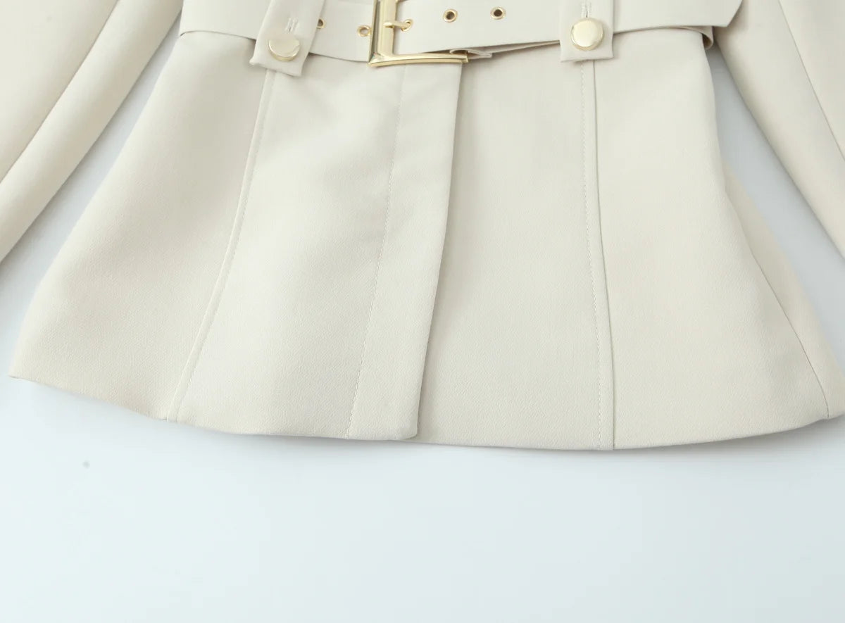 Beige Pants Set O-Neck Blazer  Tailored Jacket