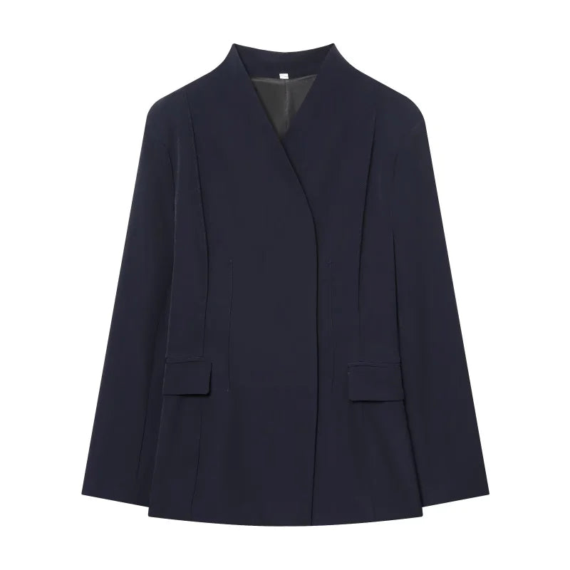 Three-dimensional cut high collar slim suit jacket & matching casual trousers