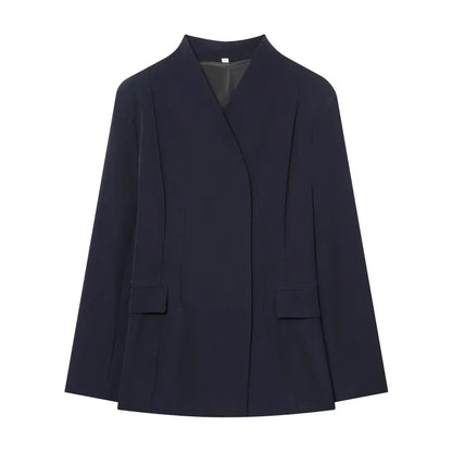 Three-dimensional cut high collar slim suit jacket & matching casual trousers