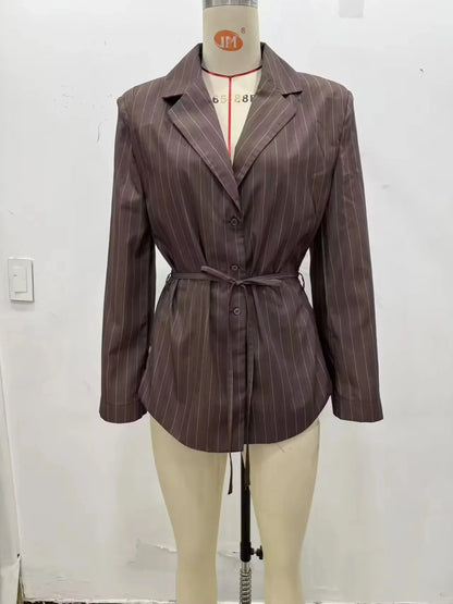 Elegant Brown Sashes Loose Single Breasted Blazers Chic Wide Leg Pant Set