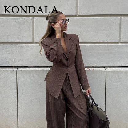 Elegant Brown Sashes Loose Single Breasted Blazers Chic Wide Leg Pant Set