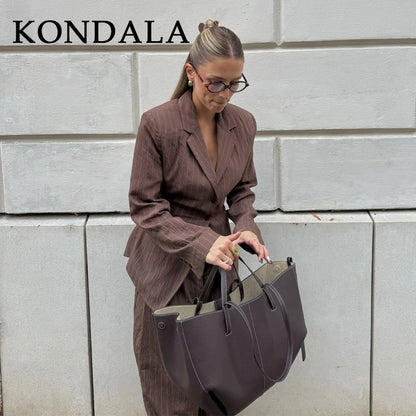 Elegant Brown Sashes Loose Single Breasted Blazers Chic Wide Leg Pant Set