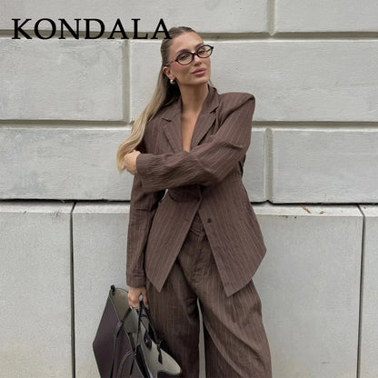 Elegant Brown Sashes Loose Single Breasted Blazers Chic Wide Leg Pant Set