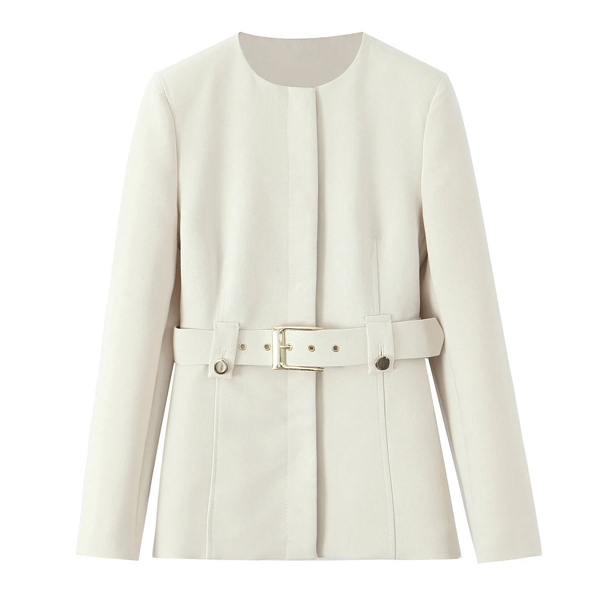 Beige Pants Set O-Neck Blazer  Tailored Jacket