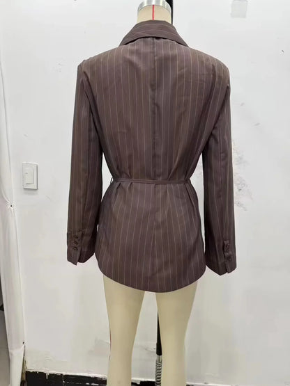 Elegant Brown Sashes Loose Single Breasted Blazers Chic Wide Leg Pant Set