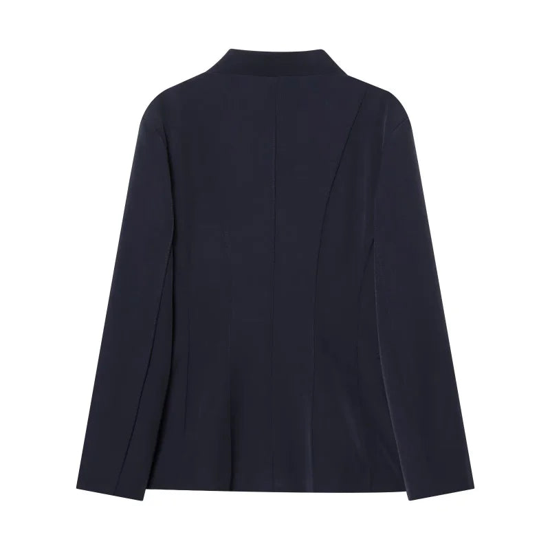Three-dimensional cut high collar slim suit jacket & matching casual trousers